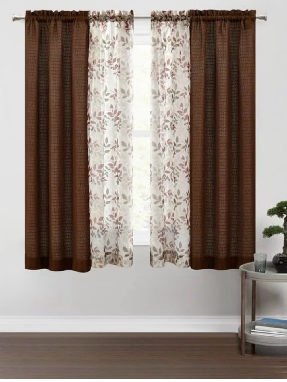 Mainstays Brown Solid and Floral Sheer Panel Pair